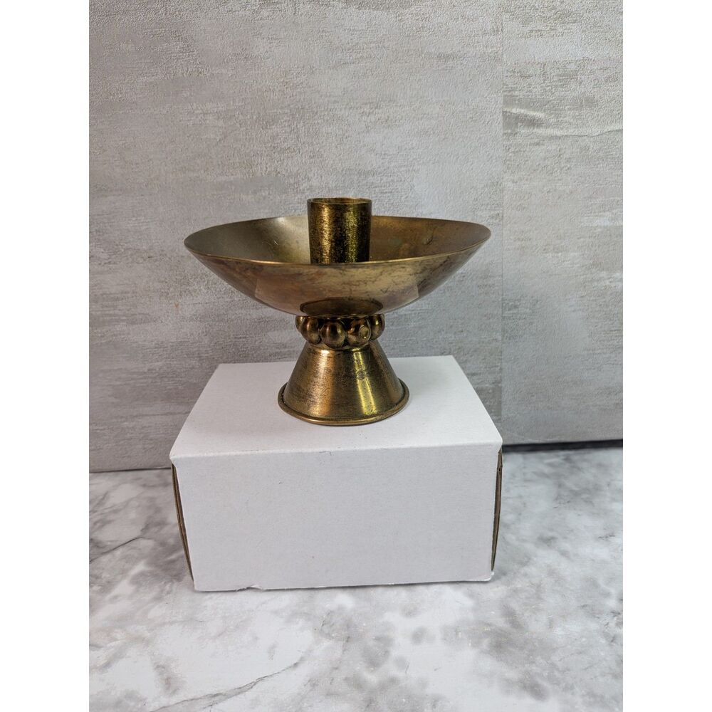 Vintage Brass Taper Candle Holder Pedestal Bowl Patina 5 Inch Mid Century